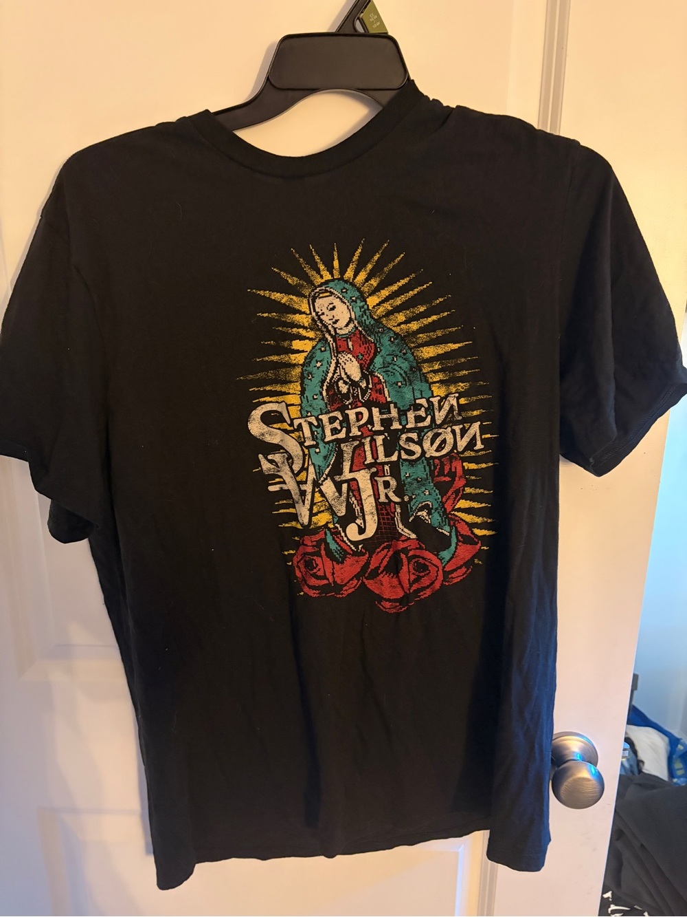 Stephen Wilson Jr Graphic Black Tee with Colorful Madonna and Roses